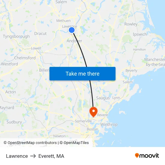 Lawrence to Everett, MA map
