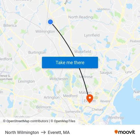 North Wilmington to Everett, MA map