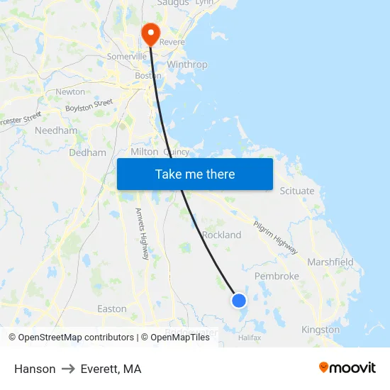 Hanson to Everett, MA map