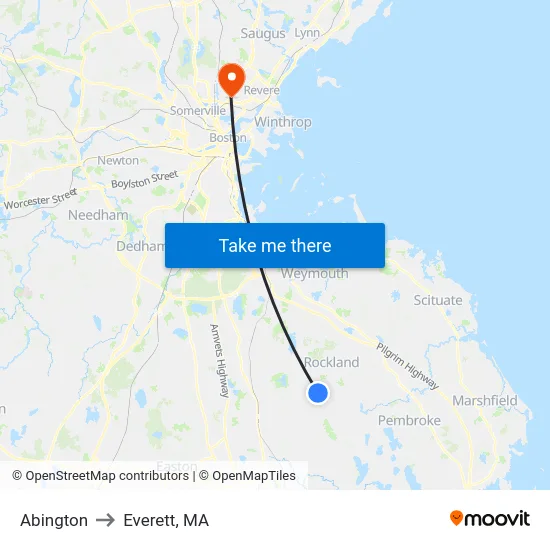 Abington to Everett, MA map