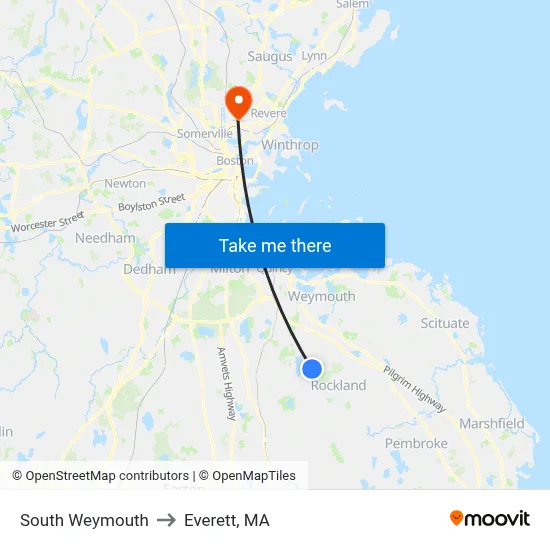 South Weymouth to Everett, MA map
