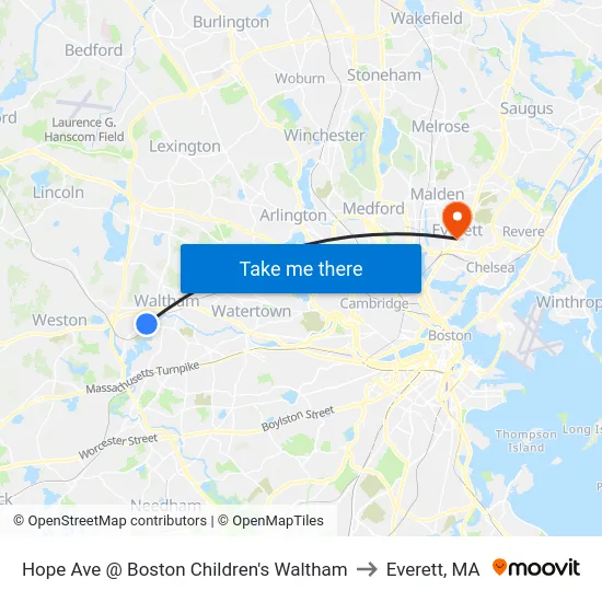 Hope Ave @ Boston Children's Waltham to Everett, MA map