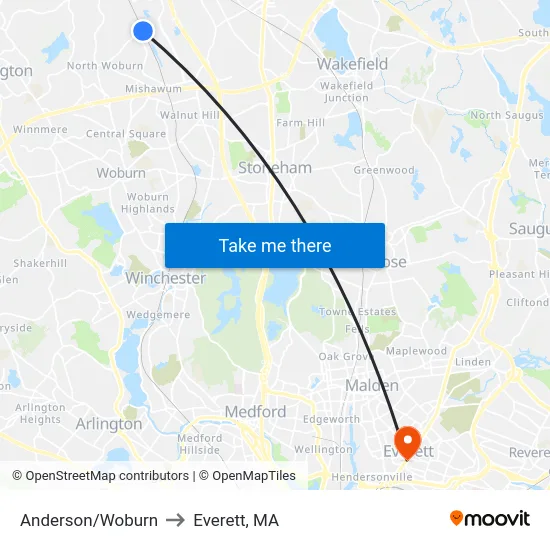 Anderson/Woburn to Everett, MA map