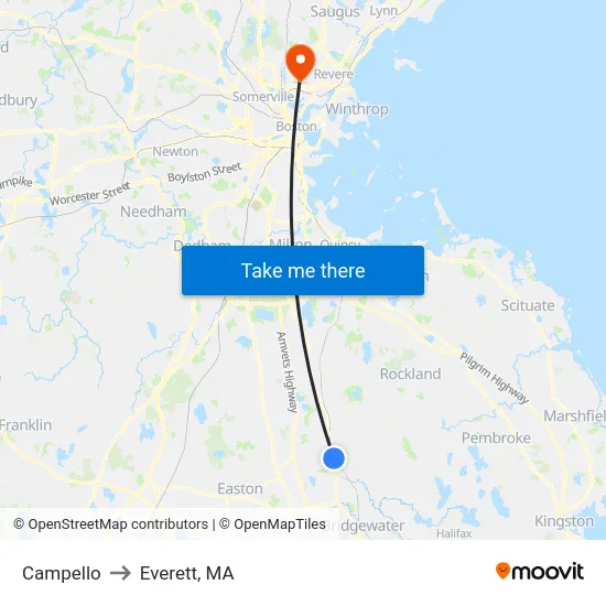 Campello to Everett, MA map