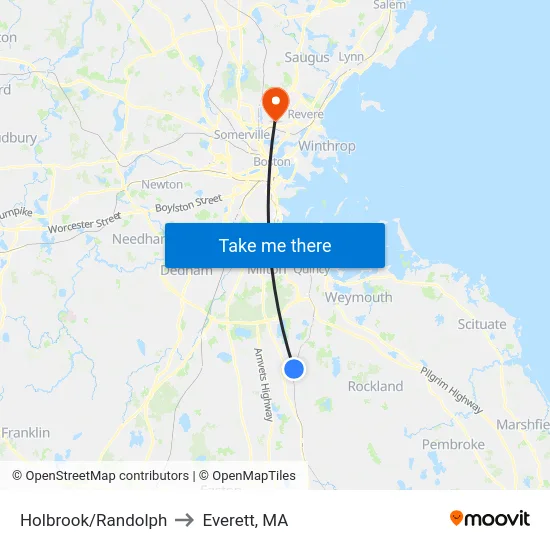 Holbrook/Randolph to Everett, MA map