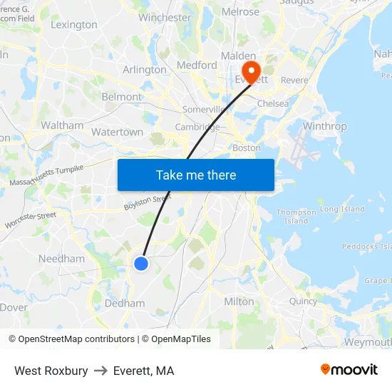 West Roxbury to Everett, MA map