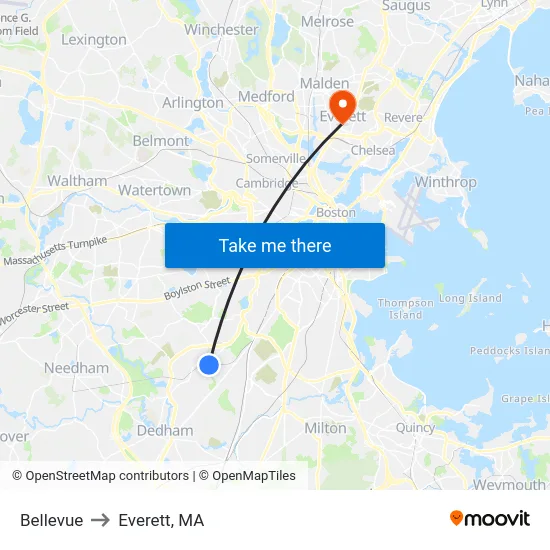 Bellevue to Everett, MA map
