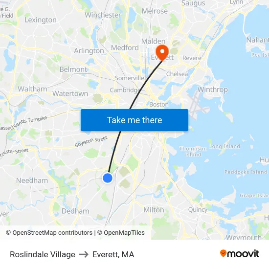 Roslindale Village to Everett, MA map