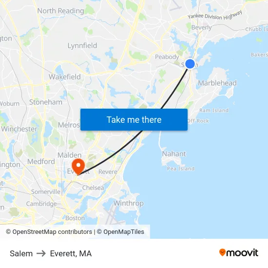 Salem to Everett, MA map