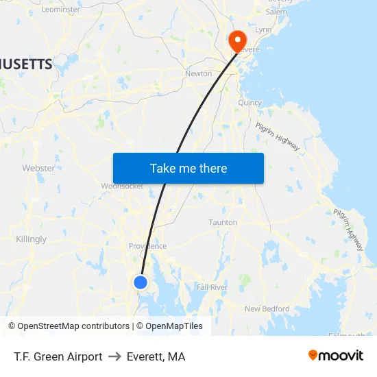 T.F. Green Airport to Everett, MA map