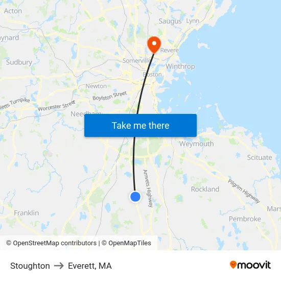 Stoughton to Everett, MA map