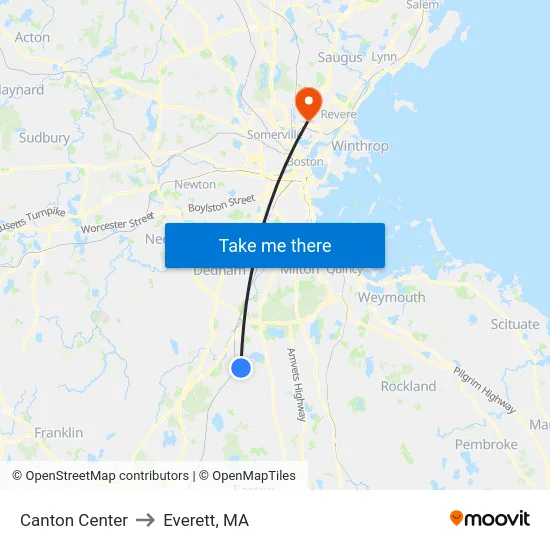 Canton Center to Everett, MA map