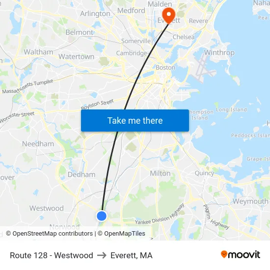 Route 128 - Westwood to Everett, MA map
