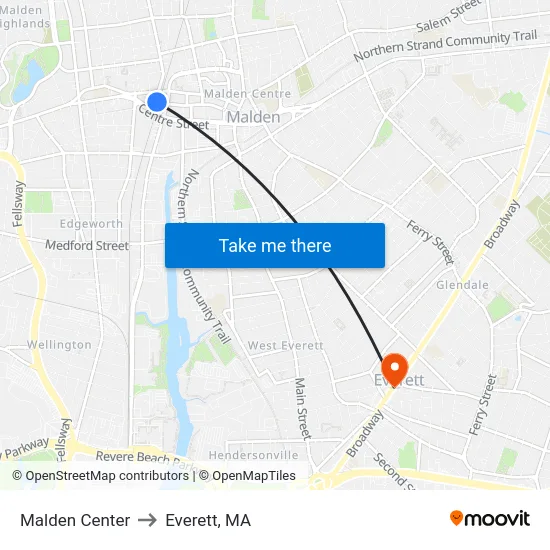 Malden Center to Everett, MA map