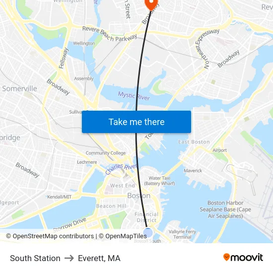South Station to Everett, MA map