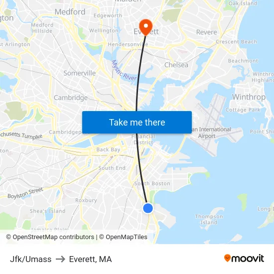 Jfk/Umass to Everett, MA map