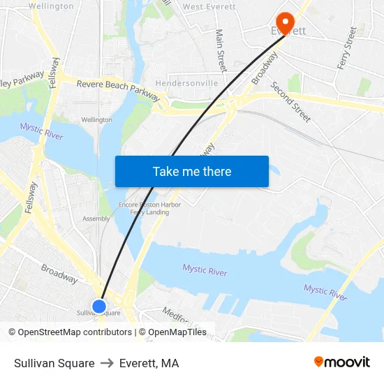 Sullivan Square to Everett, MA map