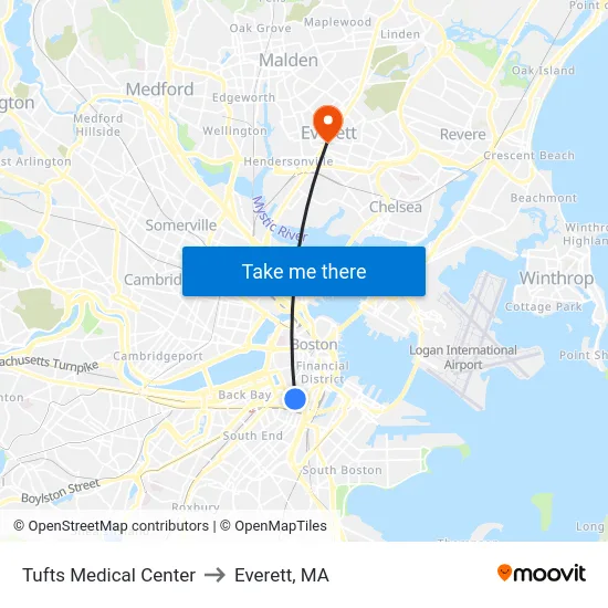 Tufts Medical Center to Everett, MA map