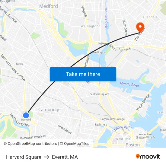 Harvard Square to Everett, MA map