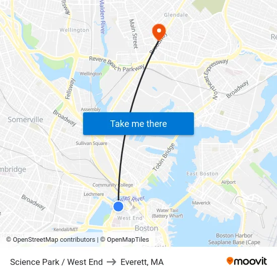 Science Park / West End to Everett, MA map