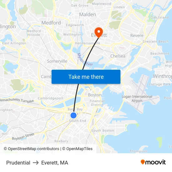 Prudential to Everett, MA map