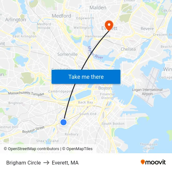 Brigham Circle to Everett, MA map
