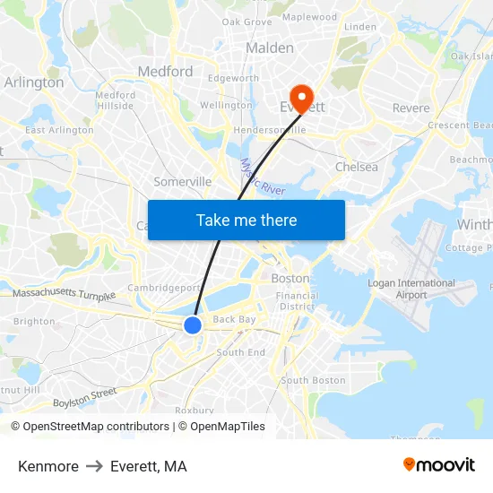 Kenmore to Everett, MA map