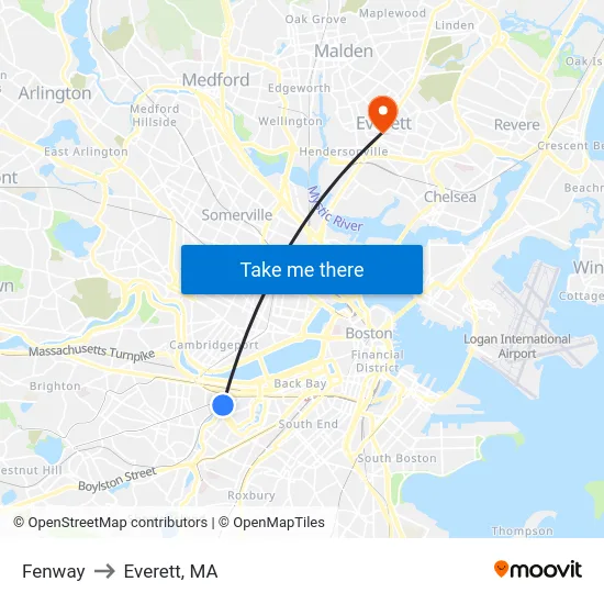 Fenway to Everett, MA map