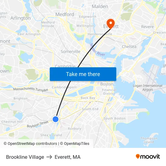 Brookline Village to Everett, MA map