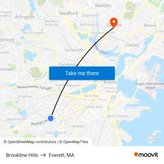 Brookline Hills to Everett, MA map