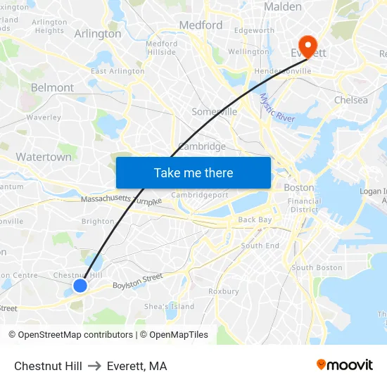 Chestnut Hill to Everett, MA map