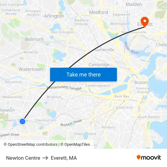 Newton Centre to Everett, MA map
