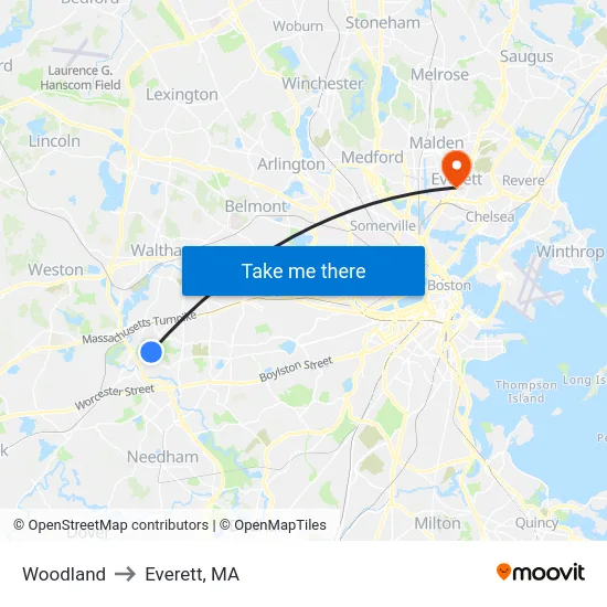 Woodland to Everett, MA map