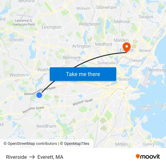 Riverside to Everett, MA map