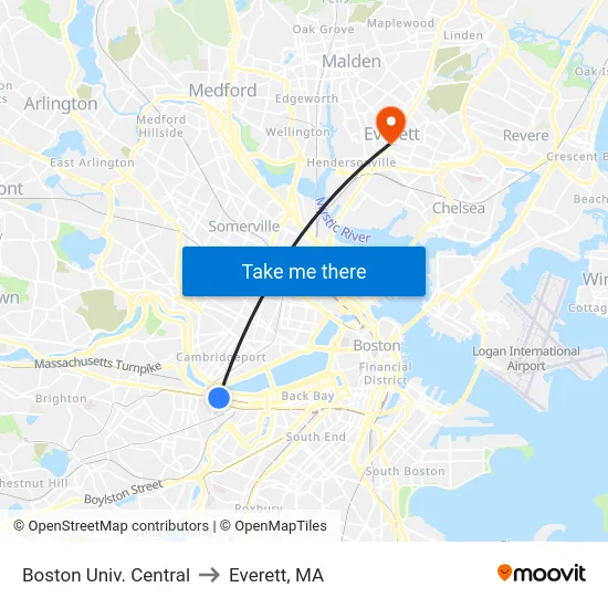 Boston Univ. Central to Everett, MA map