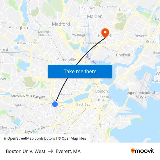 Boston Univ. West to Everett, MA map