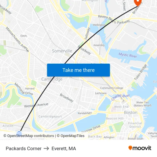 Packards Corner to Everett, MA map