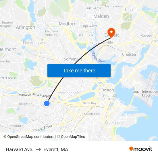 Harvard Ave. to Everett, MA map
