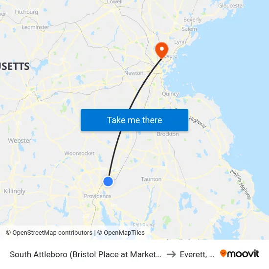 South Attleboro (Bristol Place at Market Basket) to Everett, MA map