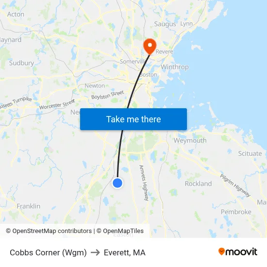 Cobbs Corner (Wgm) to Everett, MA map