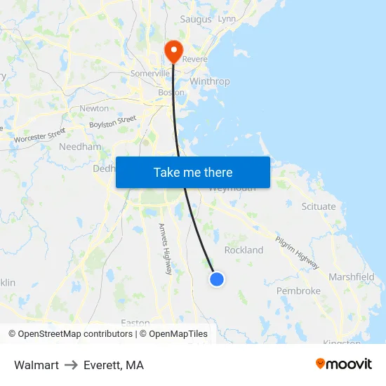 Walmart to Everett, MA map