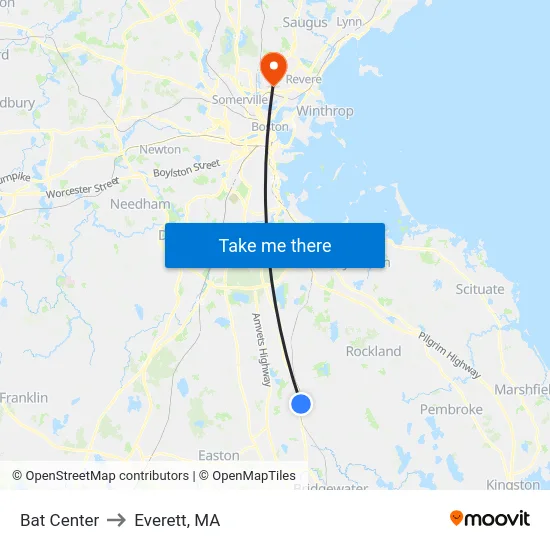 Bat Center to Everett, MA map