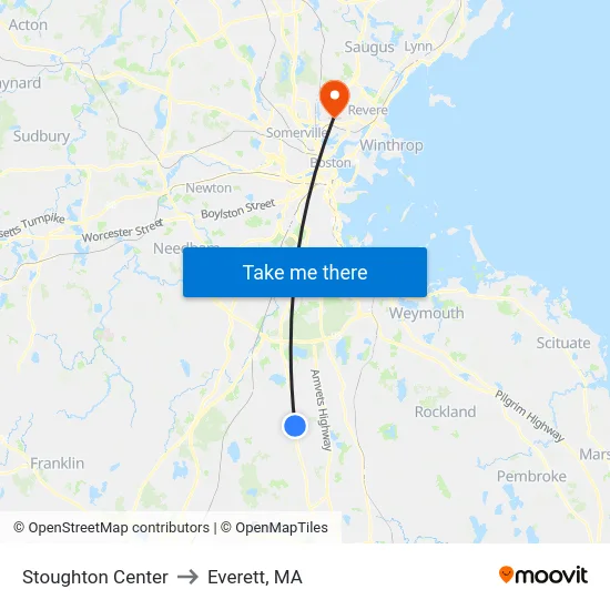 Stoughton Center to Everett, MA map
