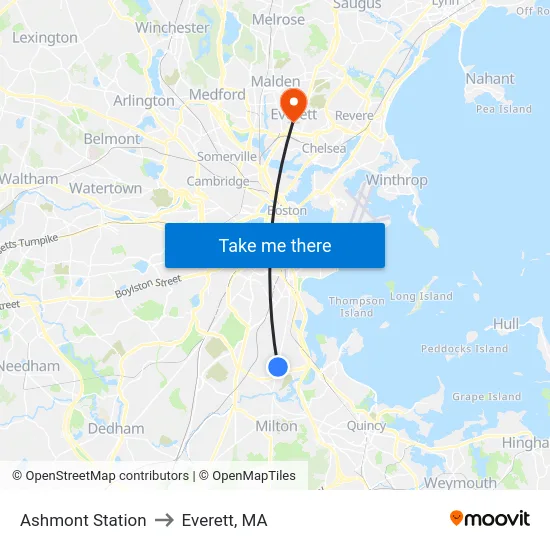 Ashmont Station to Everett, MA map