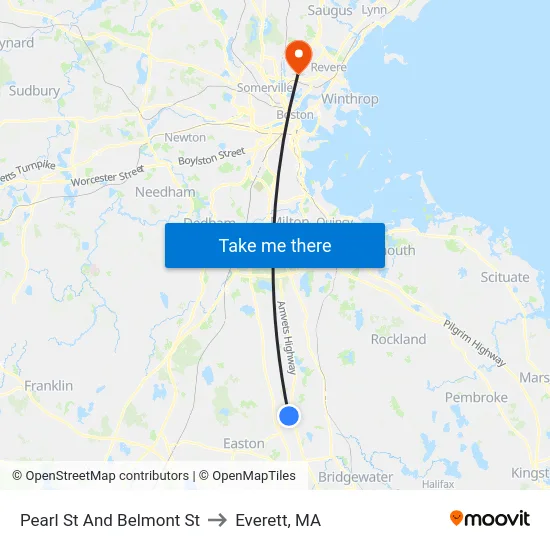 Pearl St And Belmont St to Everett, MA map
