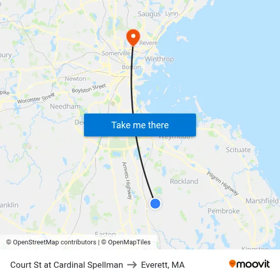 Court St at Cardinal Spellman to Everett, MA map