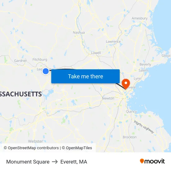 Monument Square to Everett, MA map