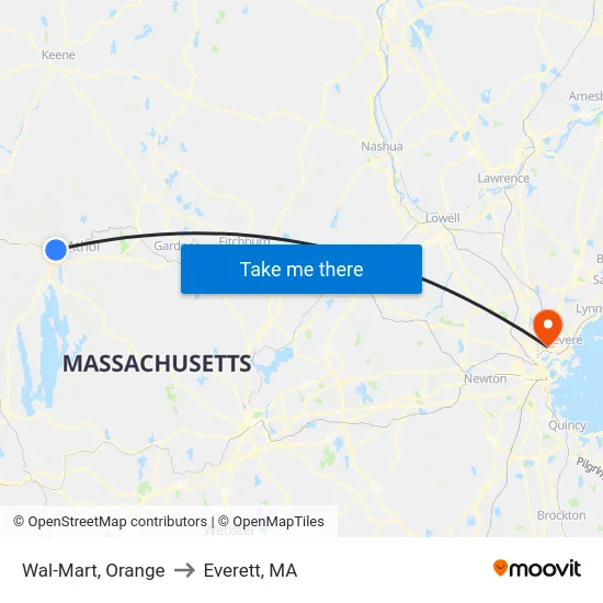Wal-Mart, Orange to Everett, MA map