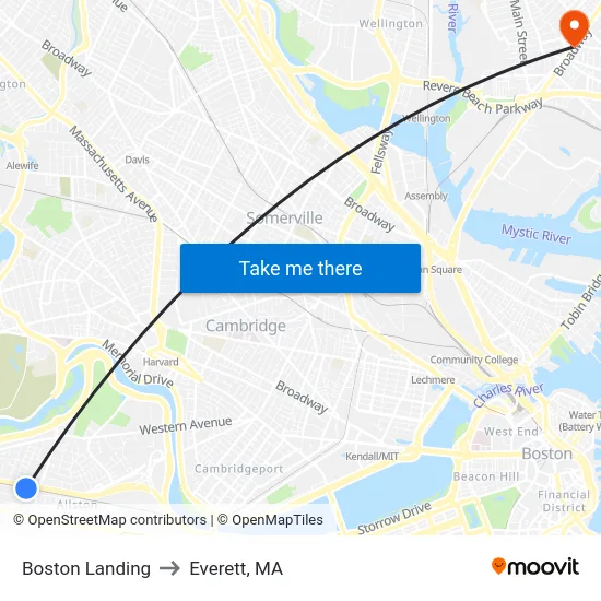 Boston Landing to Everett, MA map