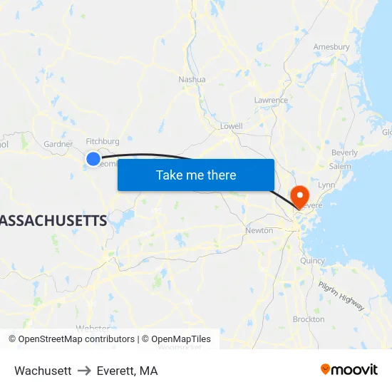 Wachusett to Everett, MA map